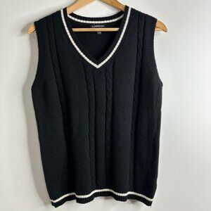 S Christina Sweater Vest Women L/XL Black 100% Cashmere Cable Knit V Neck Preppy